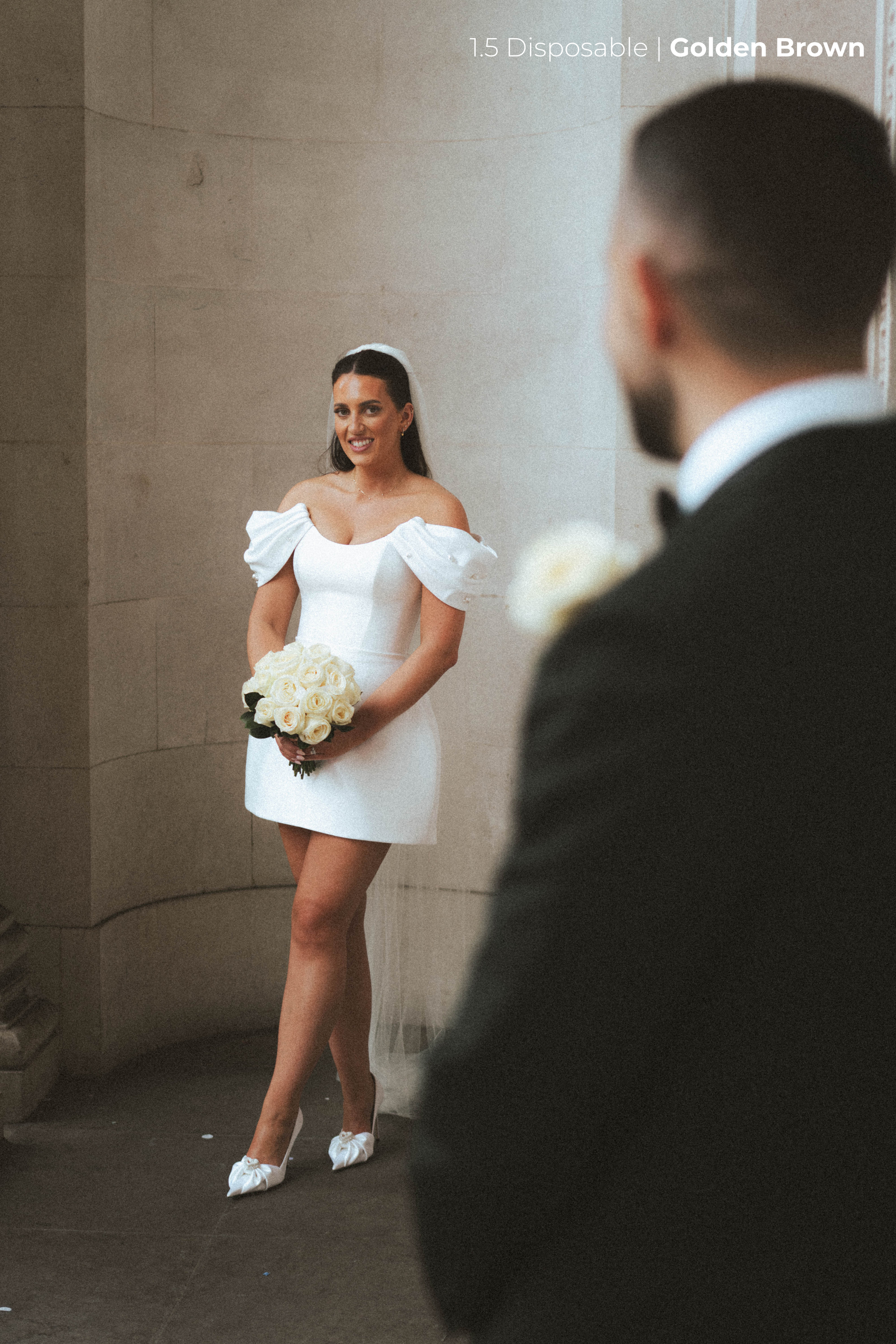 Bride in a white dress holding flowers, standing in front of a man in a suit, edited with the Disposable Film preset pack by zach&grace.