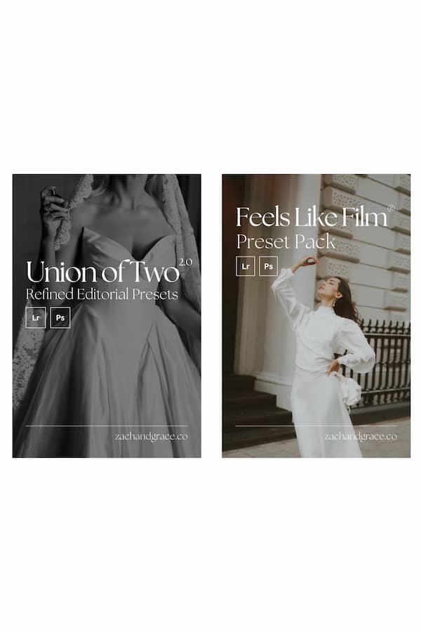 Two promotional panels for photo-editing presets shown side by side. The left panel reads 'Union of Two 2.