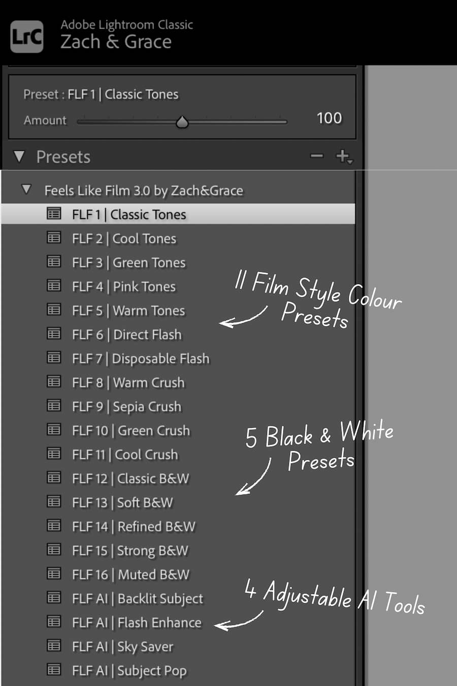 Screenshot of the Lightroom Classic preset panel showing the 'Zach & Grace' preset folder with a list of film-style color presets and handwritten callouts describing the preset set.