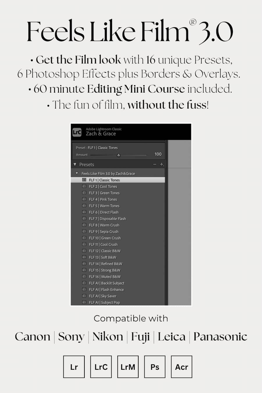 Promotional graphic for 'Feels Like Film 3.0' photo editing presets and effects, with text describing 16 presets, 6 Photoshop effects, a 60-minute editing mini course, and compatibility with Canon, Sony, Nikon, Fuji, Leica, and Panasonic.