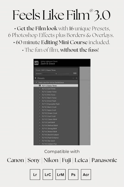 Promotional graphic for 'Feels Like Film 3.0' photo editing presets and effects, with text describing 16 presets, 6 Photoshop effects, a 60-minute editing mini course, and compatibility with Canon, Sony, Nikon, Fuji, Leica, and Panasonic.