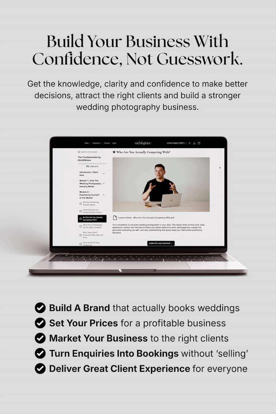 Promotional graphic for an online course titled 'The Fundamentals by Zach&Grace' with a list of features and benefits, surrounding a laptop mockup image.