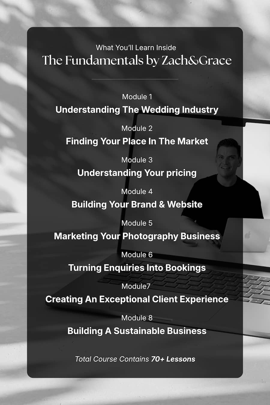 Promotional graphic for an online course titled 'The Fundamentals by Zach&Grace' with a list of modules on a dark translucent card over a softly blurred background showing a man at a desk with a laptop.