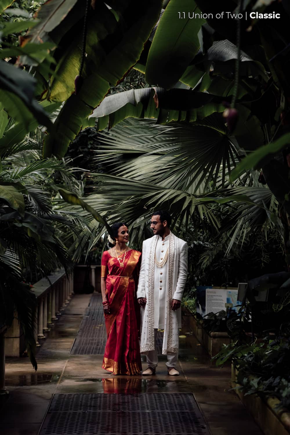 A bride and groom in traditional Indian wedding attire, in a tropical greenhouse environment, edited with Union of Two 2.0 Preset Pack.