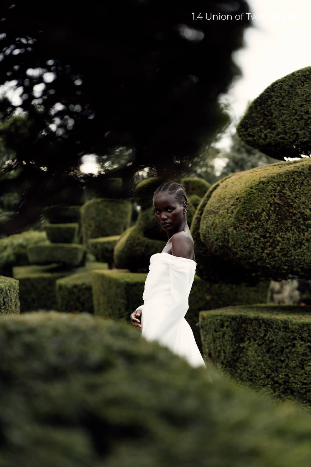 A model wearing a white wedding dress standing among manicured hedges, edited with the Union of Two 2.0 Preset Pack.