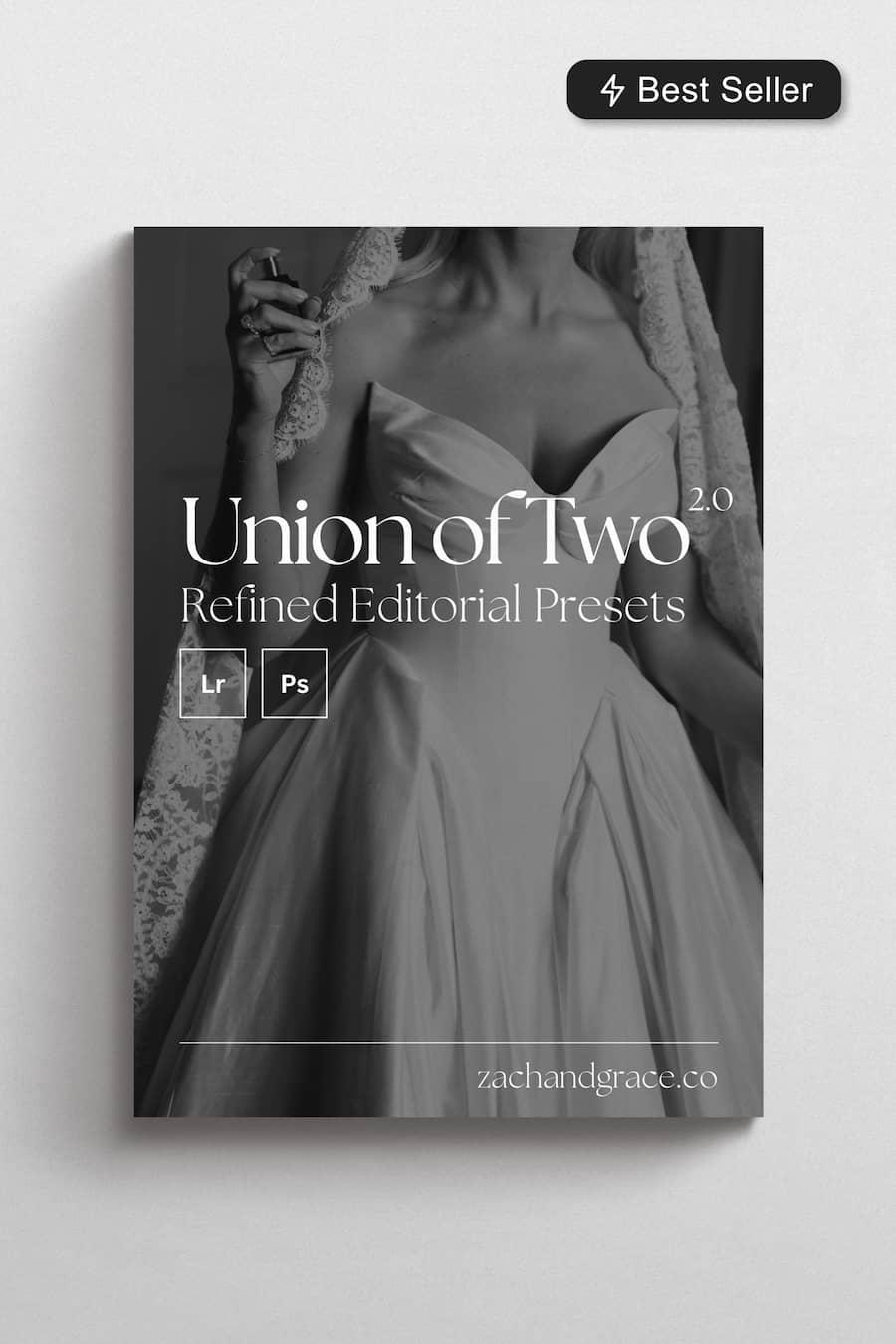 A digital product mockup for 'Union of Two 2.0 Refined Editorial Presets' by zachandgrace.
