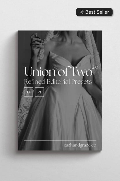 A digital product mockup for 'Union of Two 2.0 Refined Editorial Presets' by zachandgrace.