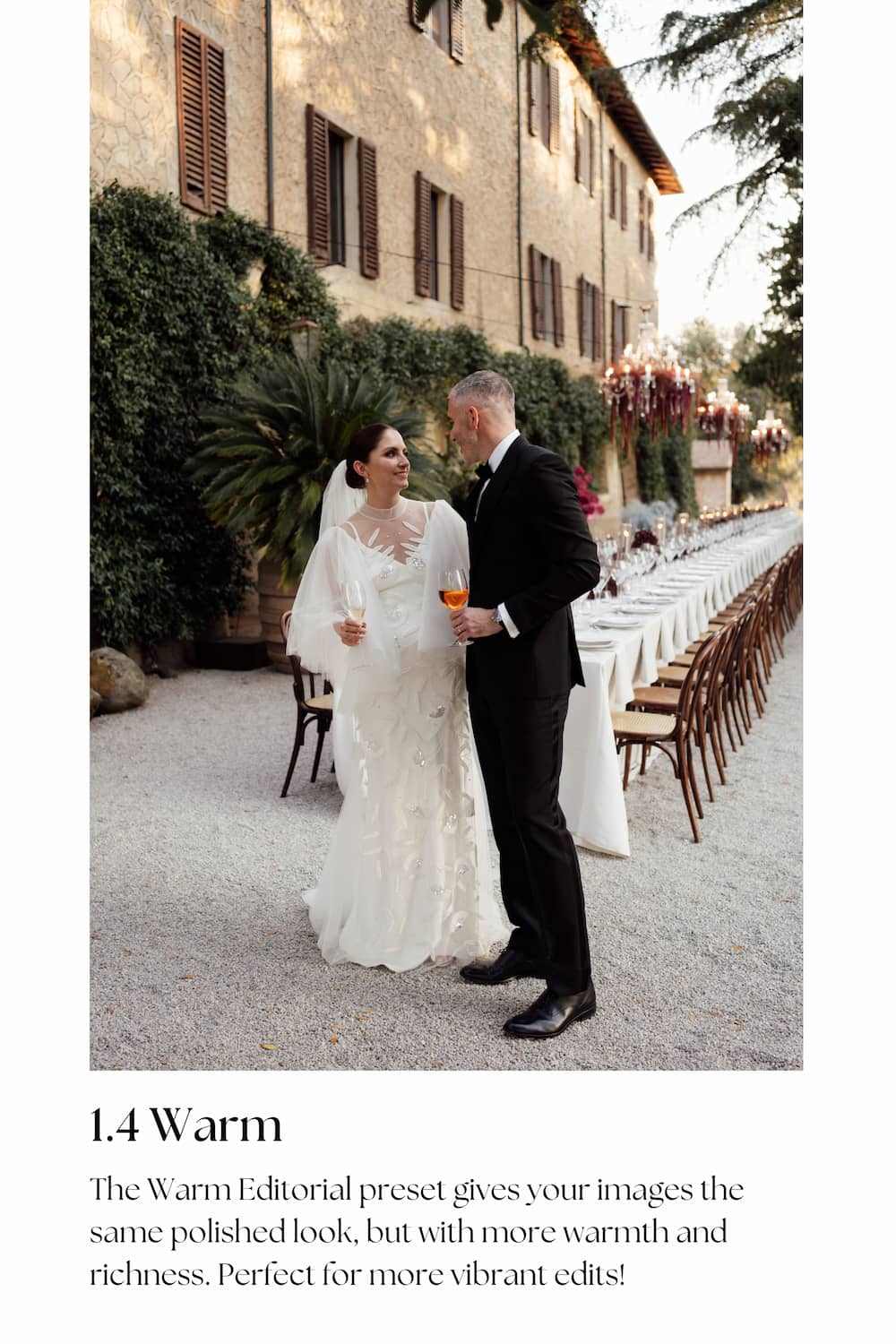 A wedding couple standing outdoors in front of a stone building, with a long table set down the background. Text at the bottom describes the featured preset.