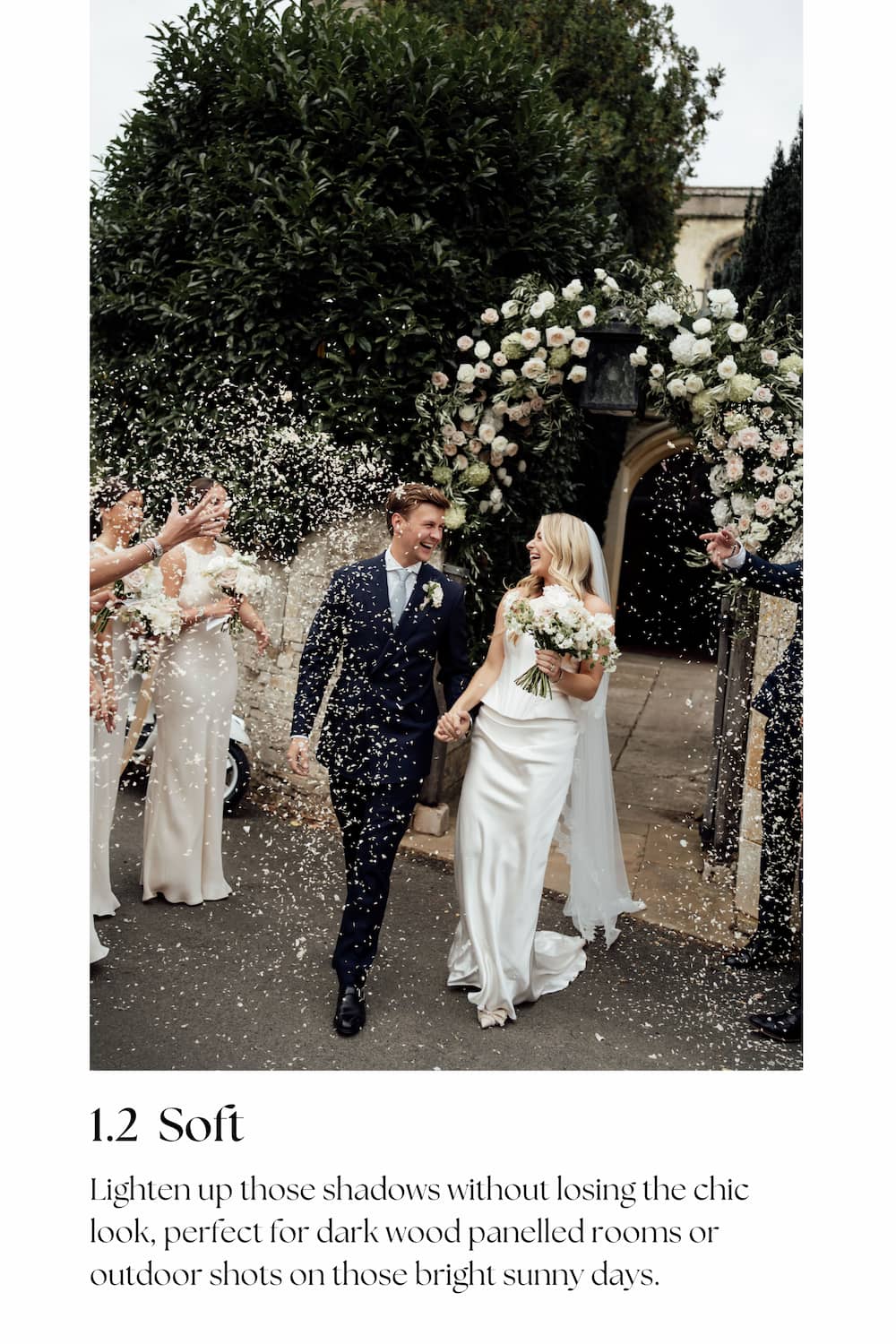 A wedding scene with a bride in a white gown and groom in a dark suit walking under a floral arch with confetti falling, plus bridesmaids on the left. Text at the bottom describes the featured preset.