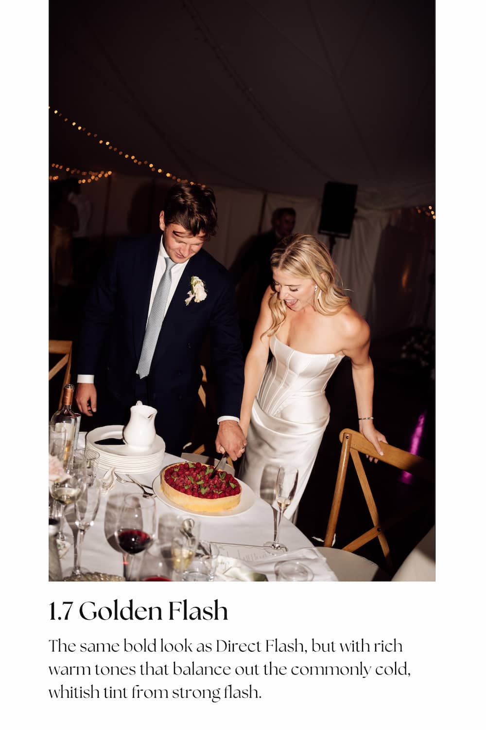 A wedding photograph showing a bride in a strapless white gown and a groom in a dark navy suit cutting a cake at a reception table, with warm string lights in the background. Text at the bottom describes the featured preset.