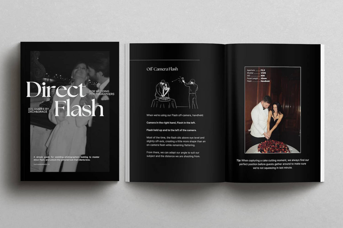 An open book or magazine spread titled "Direct Flash" shown against a light gray background. The pages are predominantly black with white text and a small inset photo on the right page, while the left page features a black-and-white photograph and the title in large white font.