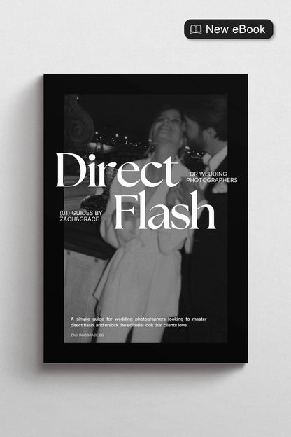 A black hardcover book titled 'Direct Flash' for wedding photographers, displayed against a light gray wall. The cover is black and white, featuring a black-and-white photograph of a couple.