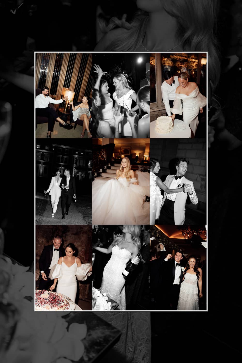 A square collage of wedding photographs showing a bride and groom in various celebratory moments, including dancing, walking, and cutting a cake. The center photo is in color while the surrounding photos are mostly black and white, set against a dark blurred background.