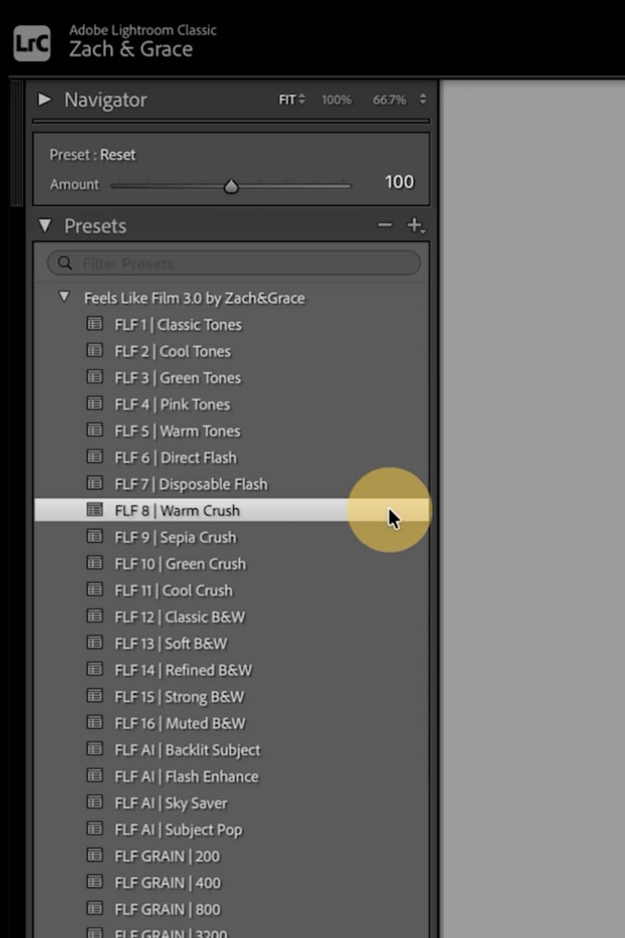 A screenshot of the Adobe Lightroom Classic Presets panel showing a list of presets under the name 'Feels Like Film 3.0 by Zach&Grace', with a yellow circle highlighting 'FLR 8 Warm Crush'.
