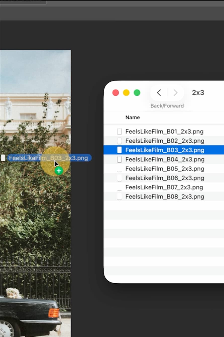 A screenshot showing a photo editing interface with a landscape image on the left and a file browser window on the right listing photo files named FeelLikeFilm_B01_2x3.png through FeelLikeFilm_B08_2x3.