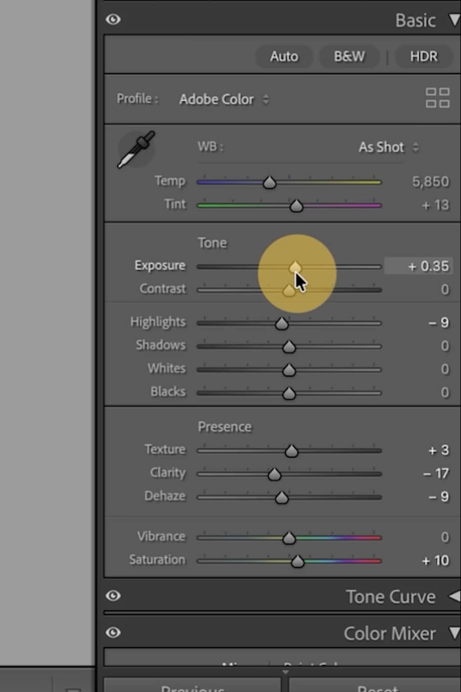 A screenshot of the Adobe Color Basic panel showing photo editing sliders such as Temp, Tint, Tone, Exposure, Contrast, Highlights, Shadows, Whites, Blacks, Presence, Clarity, and Dehaze on a dark gray interface.