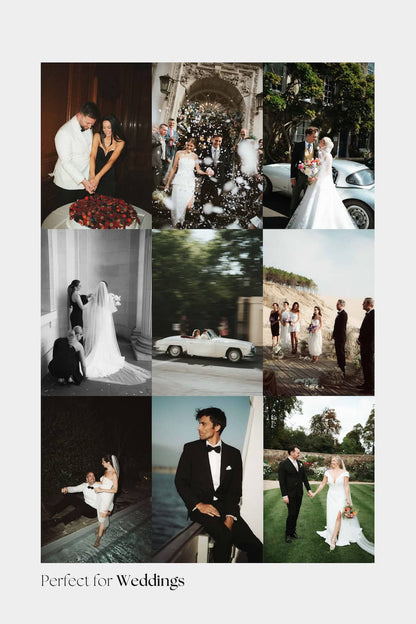 A wedding-themed collage of nine photographs showing couples, brides, guests, and outdoor wedding scenes, with the text 'Perfect for Weddings' at the bottom on a light gray background.