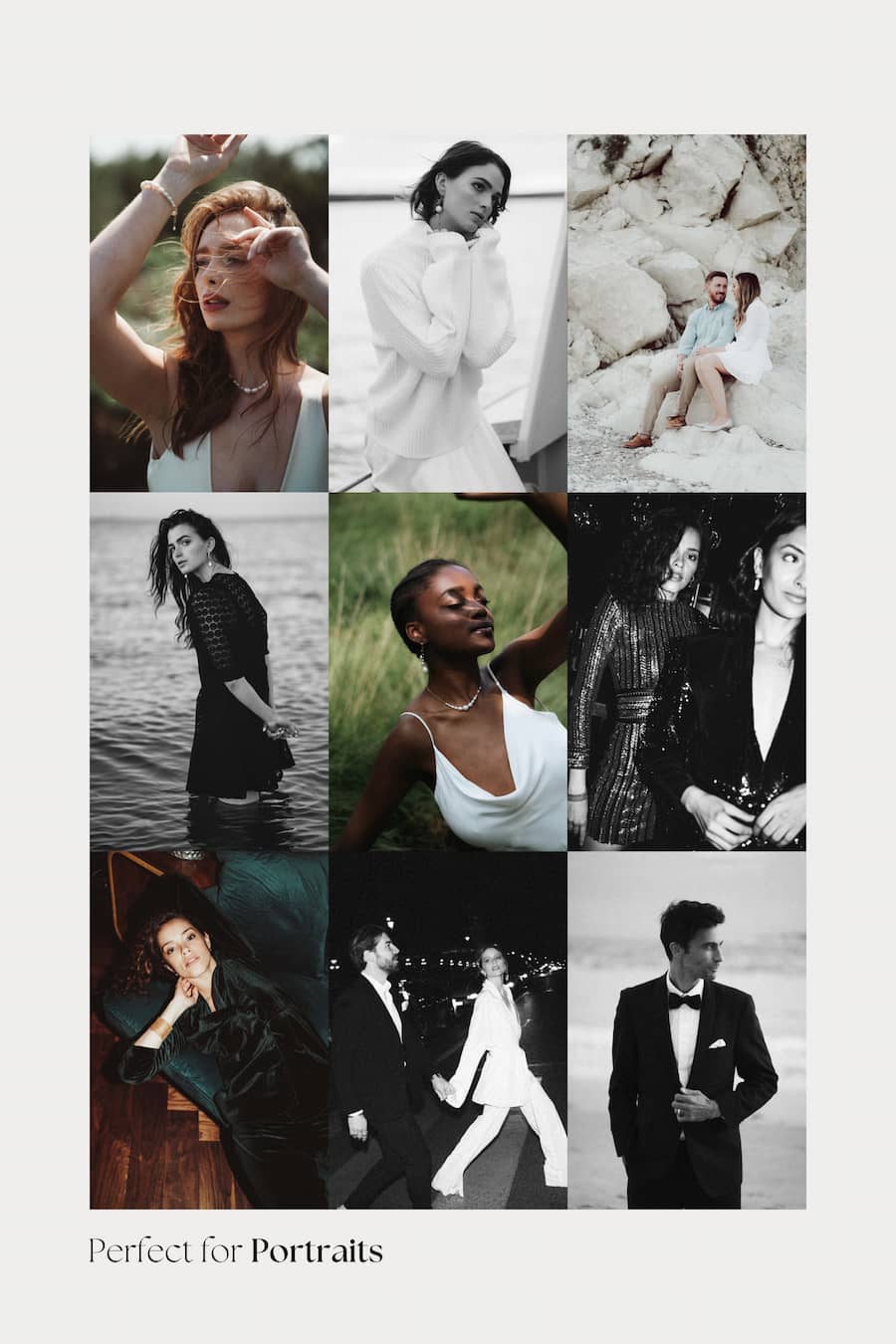 A collage of nine portrait photographs in mixed color and black-and-white styles, arranged on a light gray background with the text 'Perfect for Portraits' at the bottom.