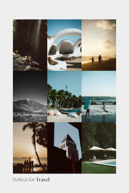 A travel-themed collage of nine square photographs arranged in a grid on a light gray background, with the text 'Perfect for Travel' at the bottom left. The photos depict beaches, water scenes, architecture, palm trees, and outdoor moments in warm and cool tones.