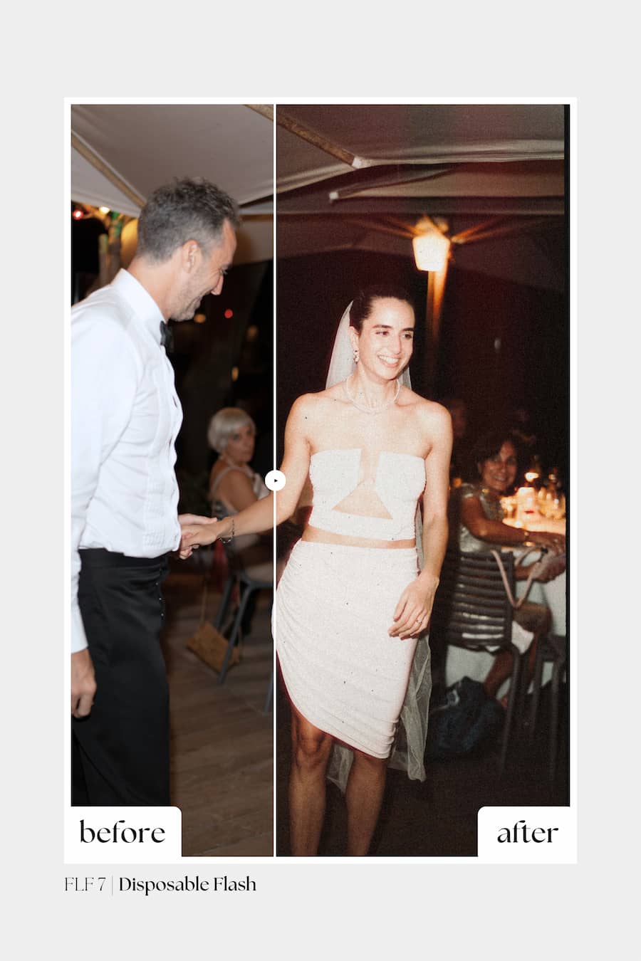 A before-and-after split comparison showing a woman wearing a strapless cream dress with a built-in cutout, photographed in an indoor event setting. The left side is labeled 'before' and shows the dress in a different light color; the right side is labeled 'after' and shows it in a warm cream tone under warm lighting.