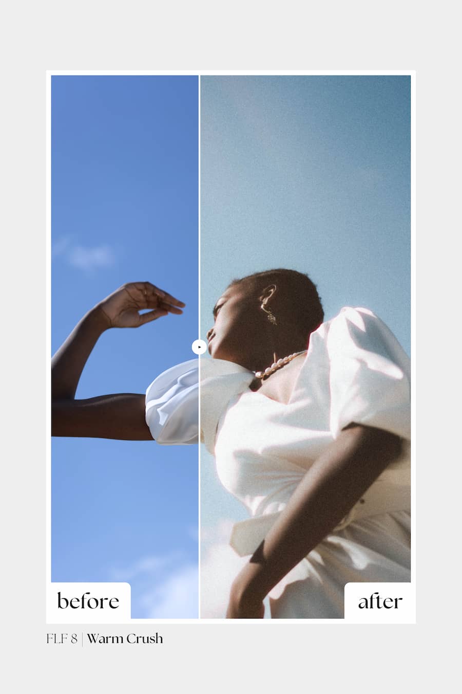 A split-screen before/after photo showing a woman outdoors against a blue sky, with the right side labeled 'after' and a warm color-graded edit applied. The image appears to demonstrate a photo-editing effect rather than showing a physical retail product.