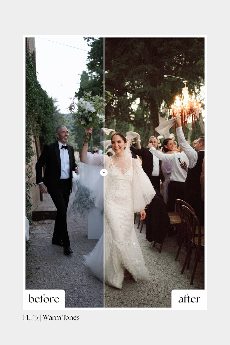 A side-by-side wedding photo comparison labeled 'before' and 'after' with the text 'FLF 5 Warm Tones' below. The left 'before' photo has a warm, slightly overexposed tone, while the right 'after' photo shows the bride in a bright white wedding dress walking down an aisle with guests holding candles.